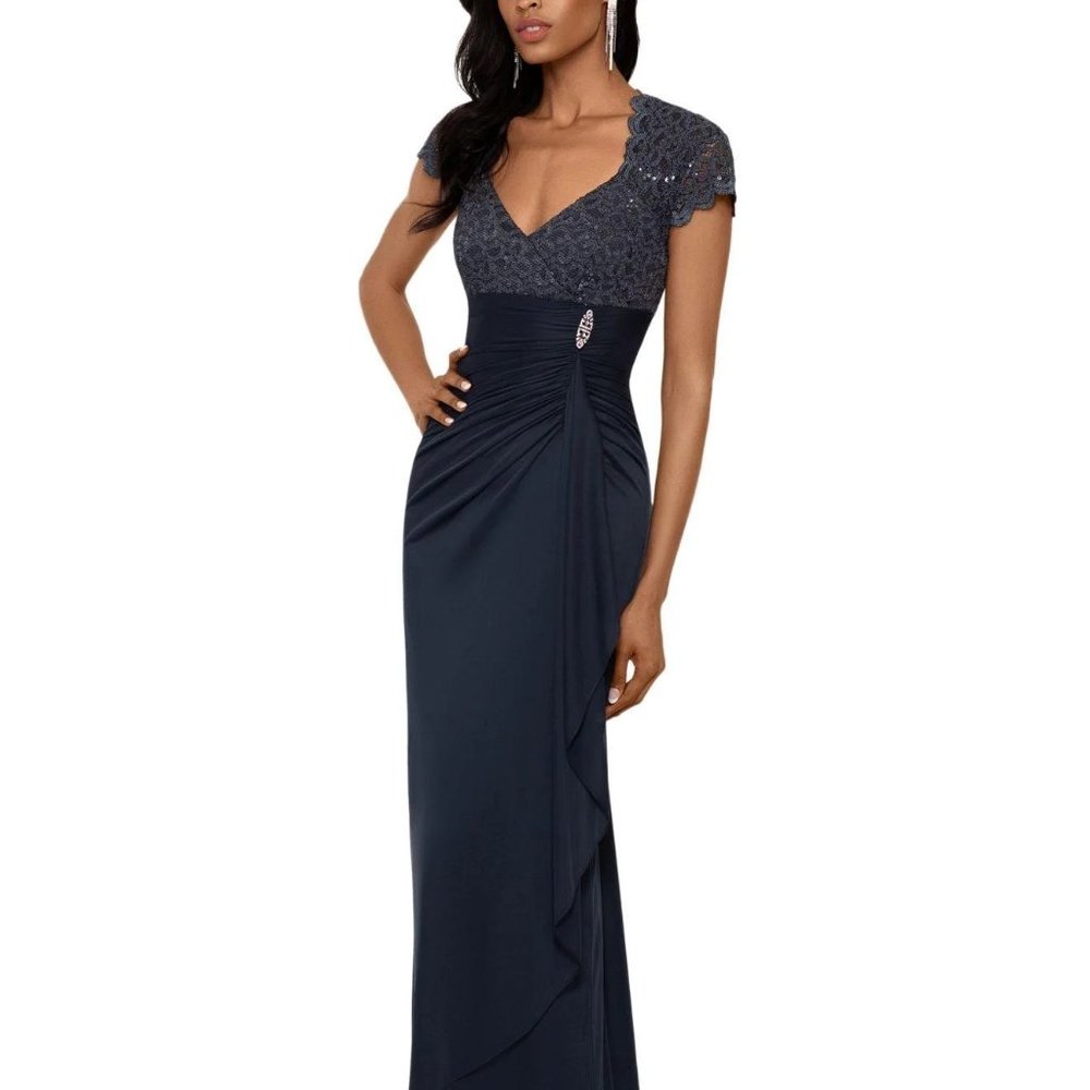 BETSY & ADAM Sequined Scallop Sleeve Ruffled Gown Charcoal Gray Size 4